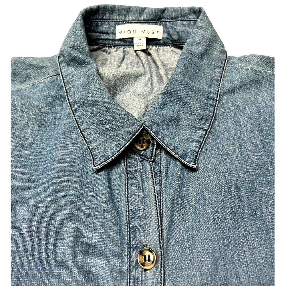 Miou Muse Light Denim Babydoll Dress Cuff Sleeve Tiered Back Button Front Large - Picture 8 of 13
